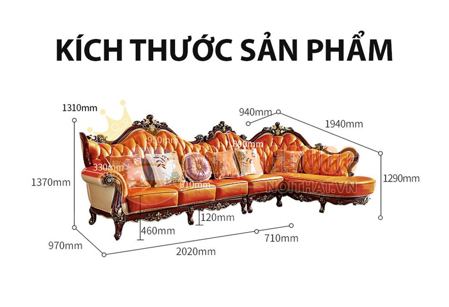 Bộ sofa góc tân cổ điển cao cấp GD937S kích thước sản phẩm