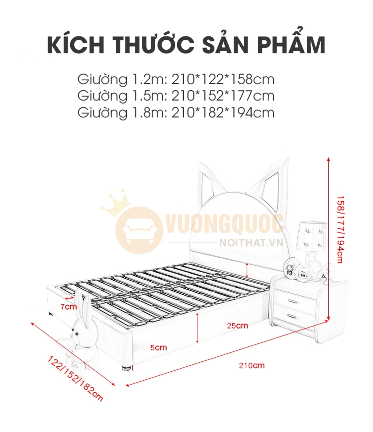 Giường ngủ công chúa tai mèo ngộ nghĩnh FDCB80 kích thước